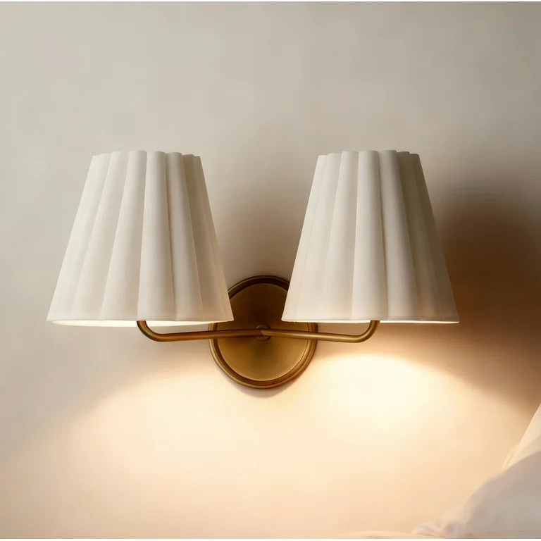 Conical Ivory Ruffled Linen Shade Double Sconce with Brass Plate, Classic Charm Wall Lamp, Natura... | Walmart (US)