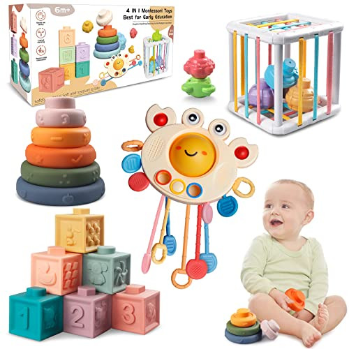 Montessori Baby Toys for Ages 6-18 Months - Pull String Teether, Stacking Blocks, Sensory Shapes ... | Amazon (US)
