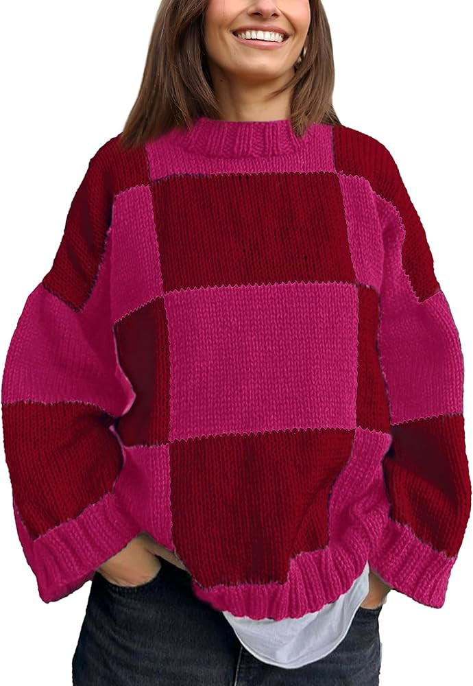Fiona Jolin Women's Sweaters Crewneck Long Sleeve Loose Checkered Fall Winter Pullover Knitted To... | Amazon (US)
