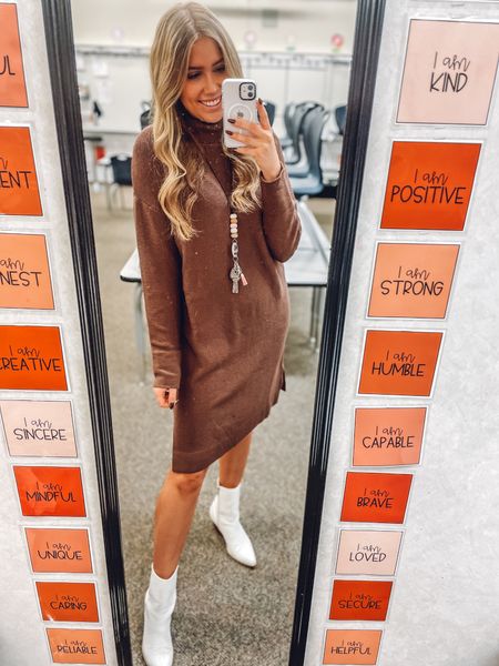 Teacher fall outfit!
Brown sweater dress: wearing my usual size M and I’m 5’6”
White boots: size up half 

| teacher outfits | work outfits | amazon fashion 

#LTKHoliday #LTKfindsunder50 #LTKSeasonal