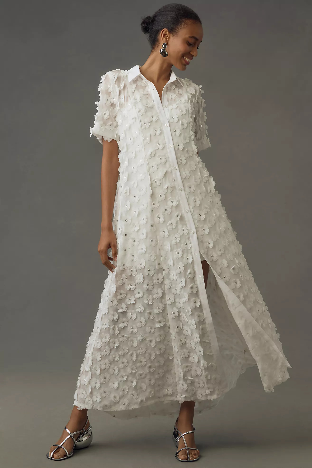 Porridge Short-Sleeve Sheer 3-D Floral Shirtdress | Anthropologie (US)