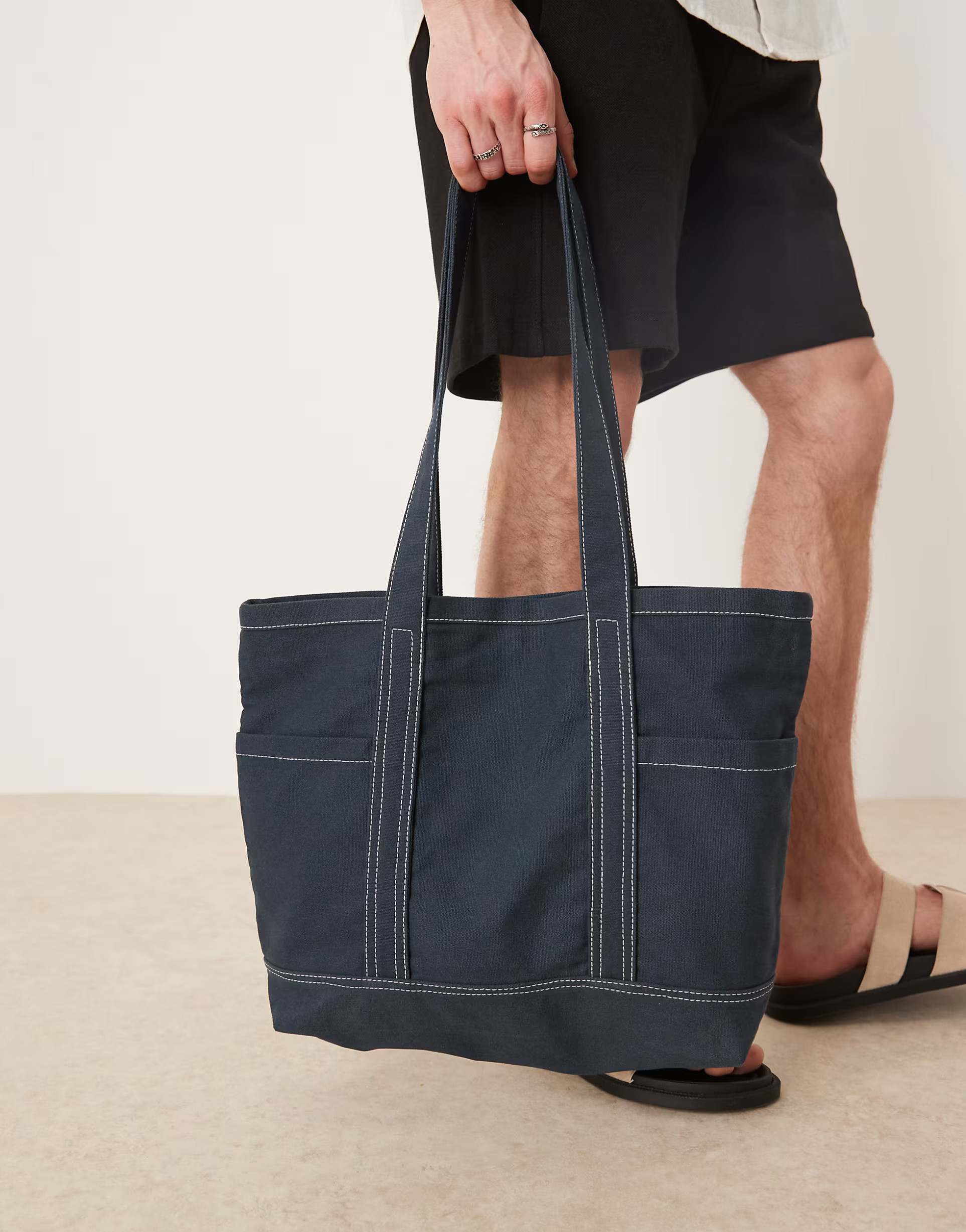 ASOS DESIGN canvas tote bag with top stitching in navy | ASOS (Global)
