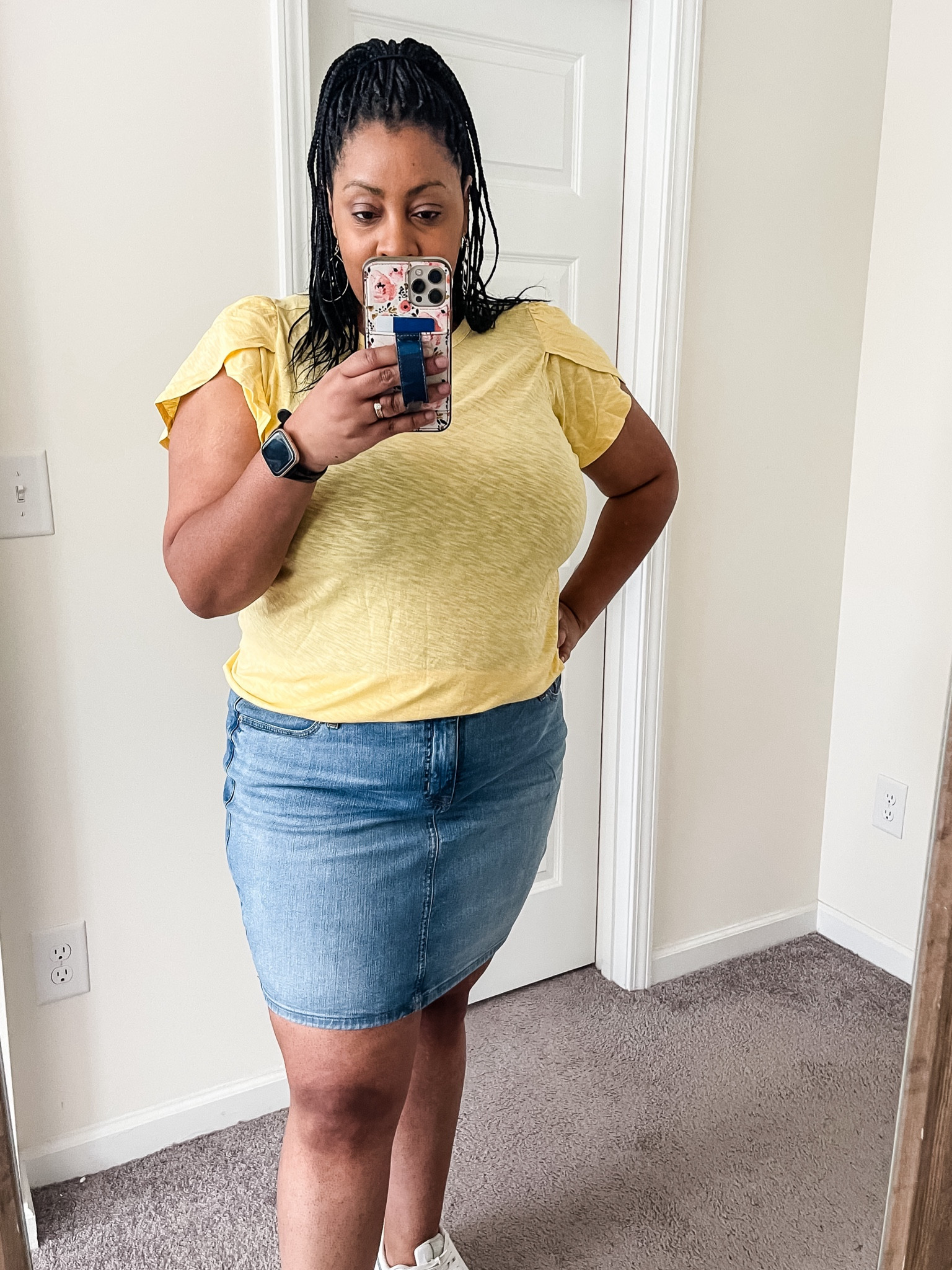 Yellow tulip sleeve tee and stretch denim mini skirt 

#LTKstyletip #LTKplussize #LTKmidsize