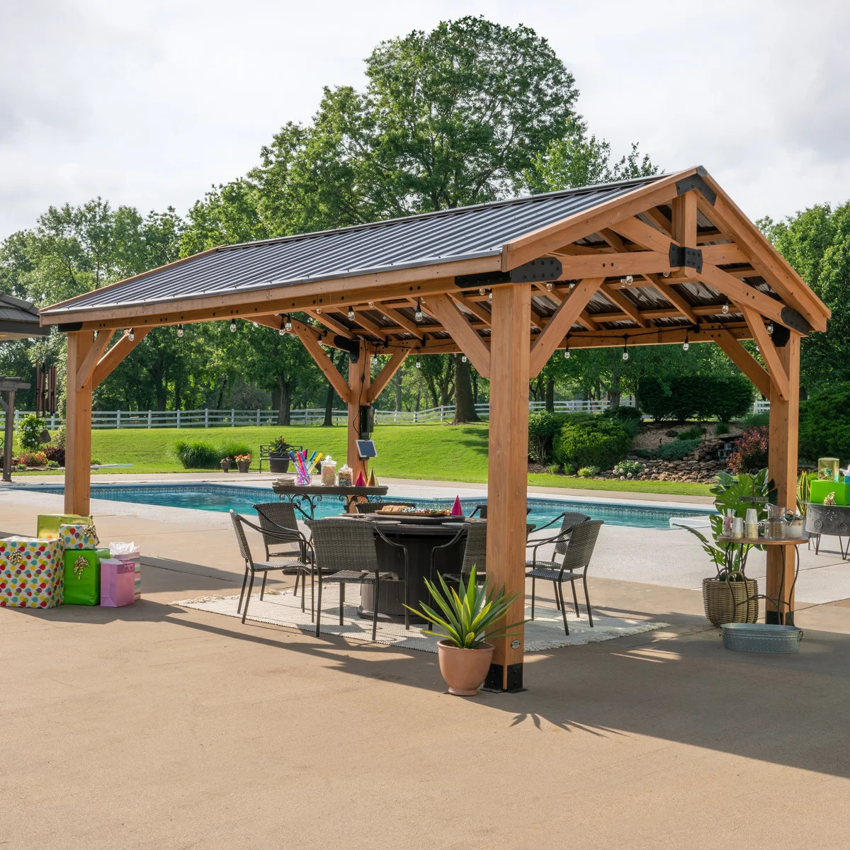 Backyard Discovery Norwood 16' x 12' Cedar Wood Outdoor Patio Gazebo with Hardtop Galvanized Stee... | Wayfair North America