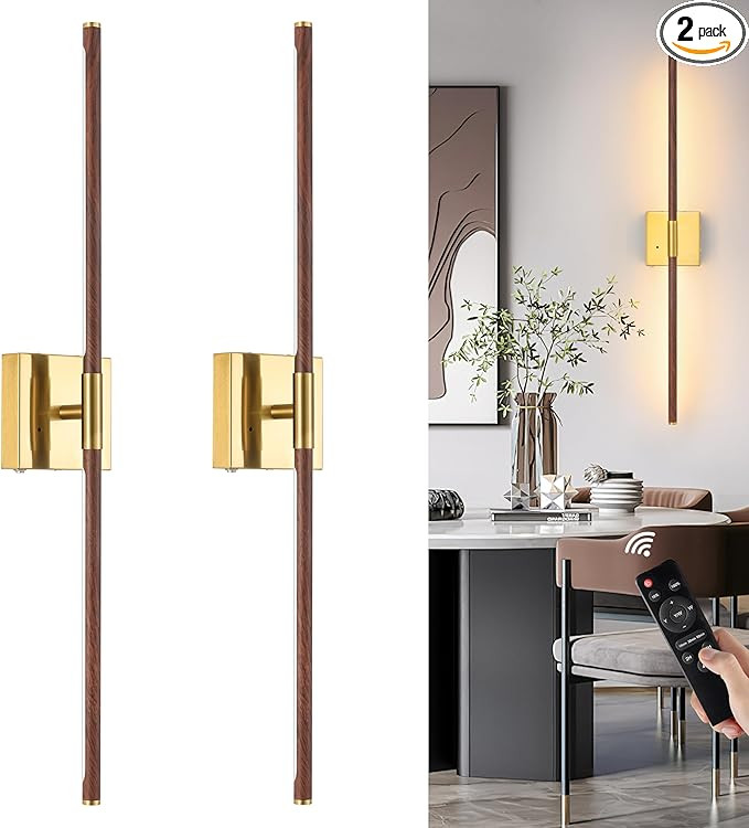 Walnut Battery Operated Wall Sconce with Remote Control, Rechargeable Wall Sconces Set of 2, LED ... | Amazon (US)