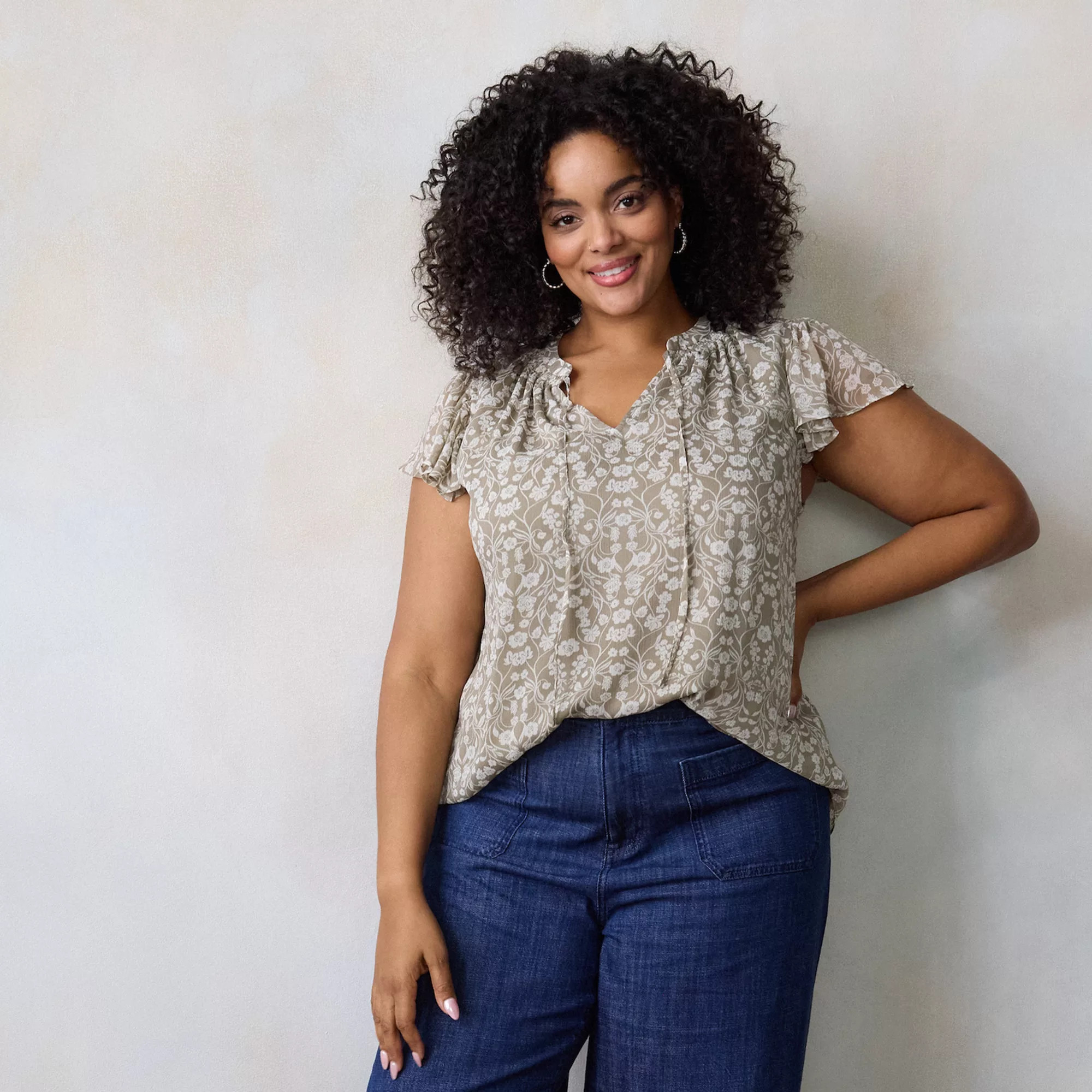 Plus Size LC Lauren Conrad Tie Front Ruffled V-Neck Shell | Kohl's