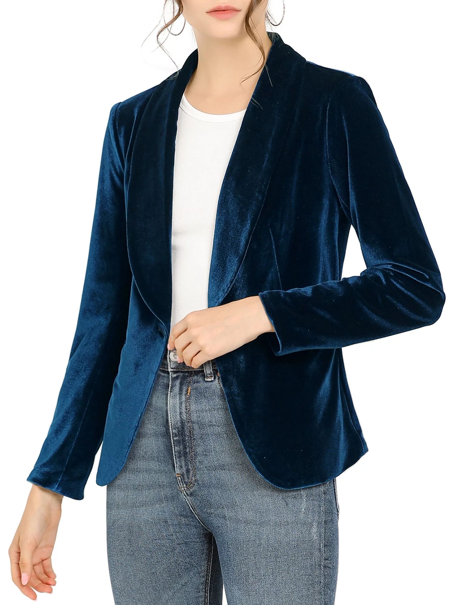 Allegra K Women's Work Shawl Collar Long Sleeve One Button Velvet Blazer | Walmart (US)