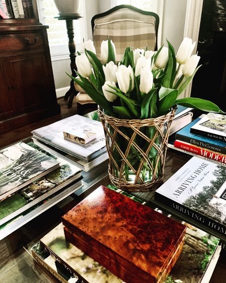 Coffee table books, burlwood box, woven vase, classic home decor, traditional home decor, tulips 

#LTKhome
