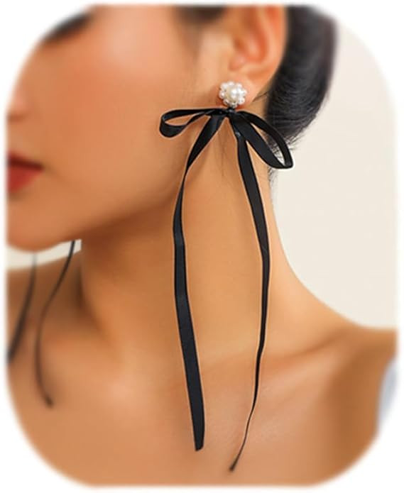Long Tassel Pearl Crystal Bow-knot Earrings Bridal Wedding Silk Band Drop Dangle Earrings Dainty ... | Amazon (US)