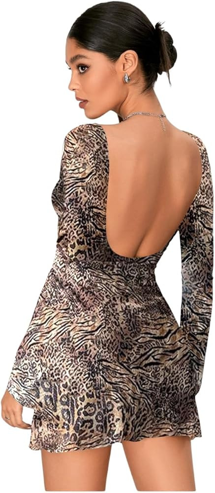 WDIRARA Women's Leopard Print Mesh Dress Bell Long Sleeve Backless Animal Cheetah Dresses | Amazon (US)