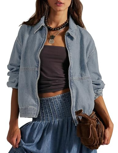 Womens Denim Jackets Long Sleeve Zip Up Elastic Hem Classic Loose Jean Bomber Jacket Outfit | Amazon (US)