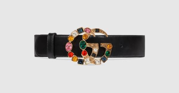 Leather belt with crystal Double G buckle | Gucci (US)