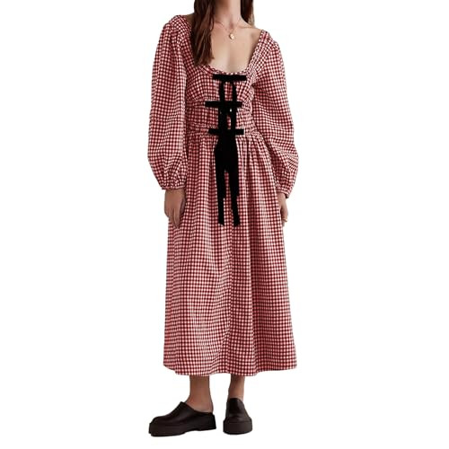 Women Plaid Long Dress Lantern Sleeve Square Neck Maxi Dress with Bow Tie Cottagecore Flowy Fall ... | Amazon (US)