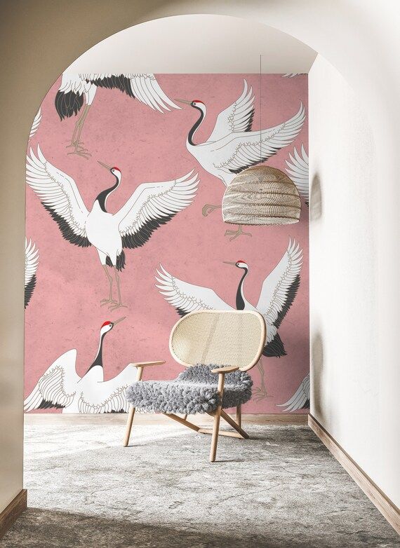 Crane Birds Wallpaper Peel and Stick | Chinese Bird Wall Mural | Etsy (US)