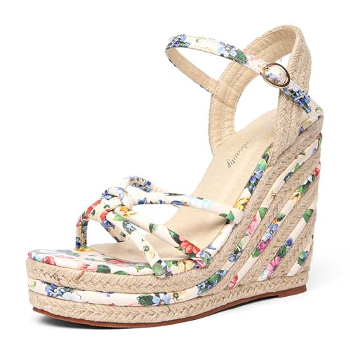 getmorebeauty Women's Espadrille Wedge Sandals Flower Pattern Ankle Strap Open Toe Platform High ... | Amazon (US)