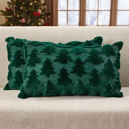 DFXSZ Christmas Pillow Covers 12x20 inch Set of 2 Green Christmas Tree Decoration Soft Plush Faux Fur Jacquard Throw Pillows for Bedroom Sofa Holiday Festivals Winter Home Decor PTK070A12 | Amazon (US)