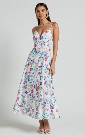 Georgia Midi Dress - Strappy Plunge A Line Dress in Peony Meadow Print | Showpo (US, UK & Europe)