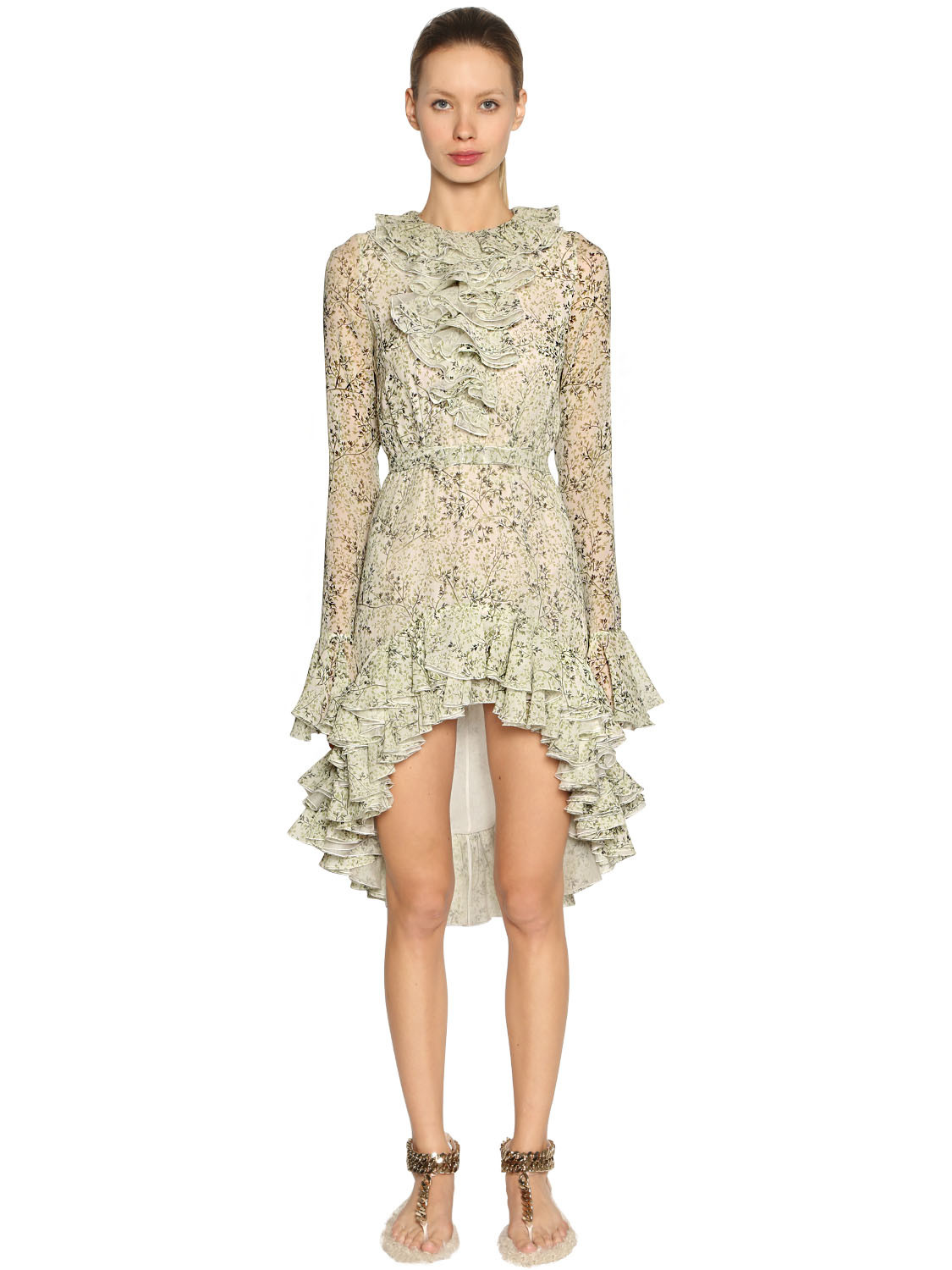 RUFFLED FLORAL SILK GEORGETTE DRESS | Luisaviaroma