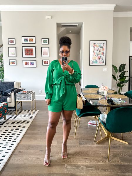 Love this romper! 💚 I wove the ties strategically  through my bra for more coverage, and it turned out cute! Romper is TTS and comes in a ton of colors - I’m wearing a L. #FoundItOnAmazon

Romper, spring finds, spring outfit, vacation find, date night 

#LTKSeasonal #LTKmidsize #LTKfindsunder50
