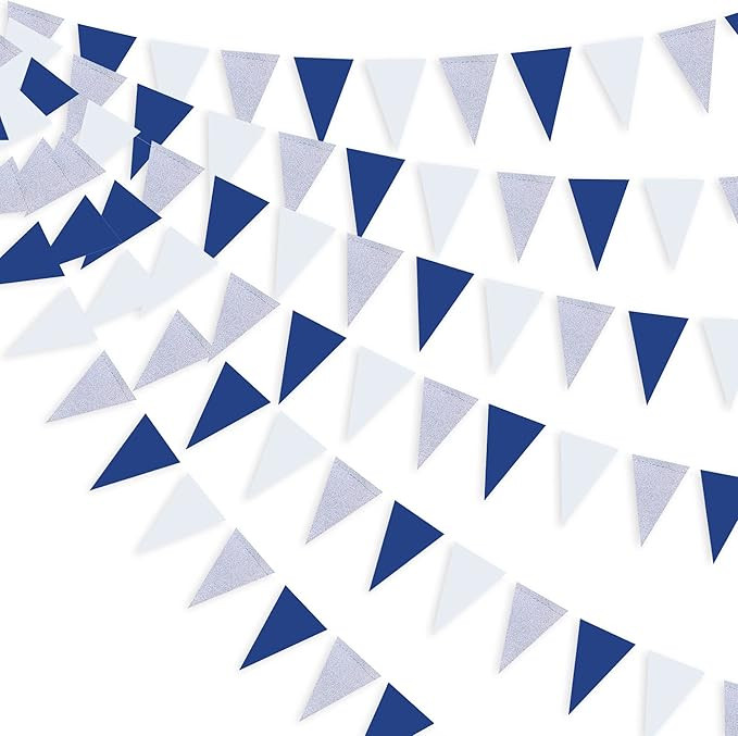 30 Ft Navy Blue White and Silver Party Decorations Royal Blue Triangle Flag Pennant Banner Buntin... | Amazon (US)