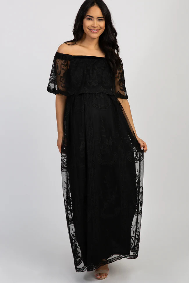 Black Lace Mesh Overlay Off Shoulder Maternity Maxi Dress | PinkBlush Maternity