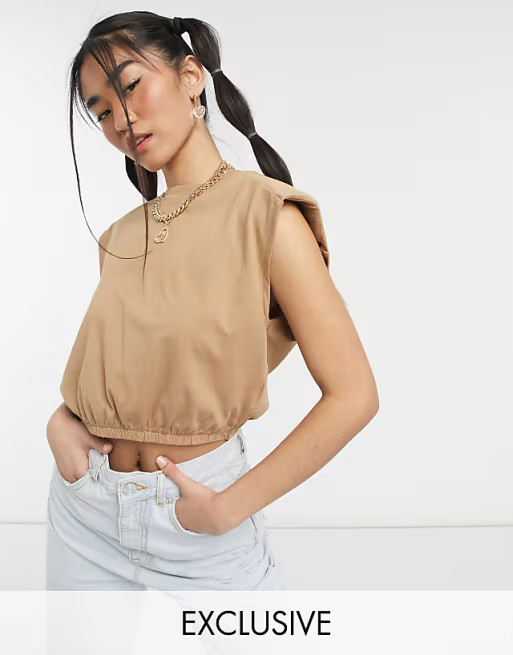 Noisy May Exclusive crop top with padded shoulders in camel | ASOS (Global)