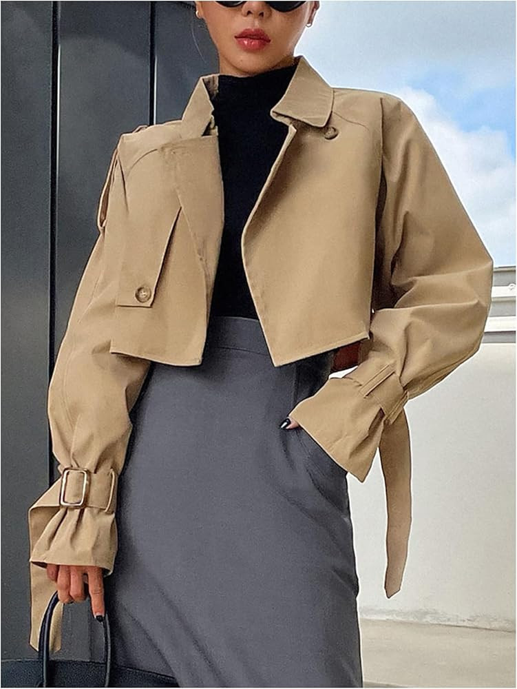 Floerns Women's Double Breasted Buckle Lapel Long Sleeve Cropped Trench Jacket | Amazon (US)