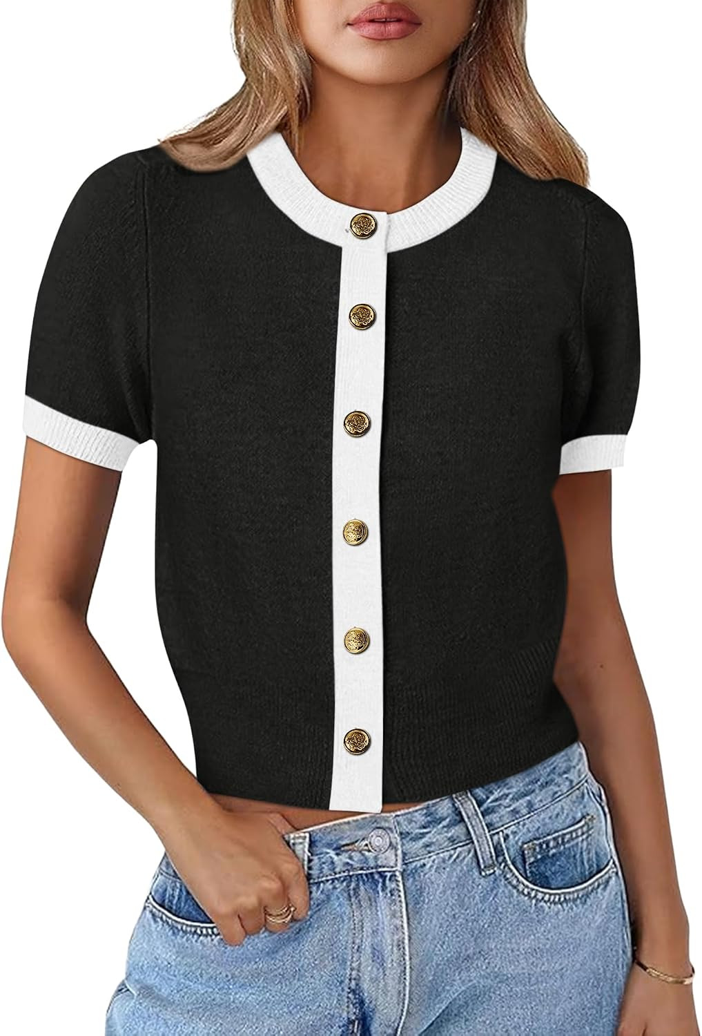 Kistore Womens Summer Casual Short Sleeve Sweater Cardigan Button Down Crew Neck Knitted Crop Cardigan Tops | Amazon (US)