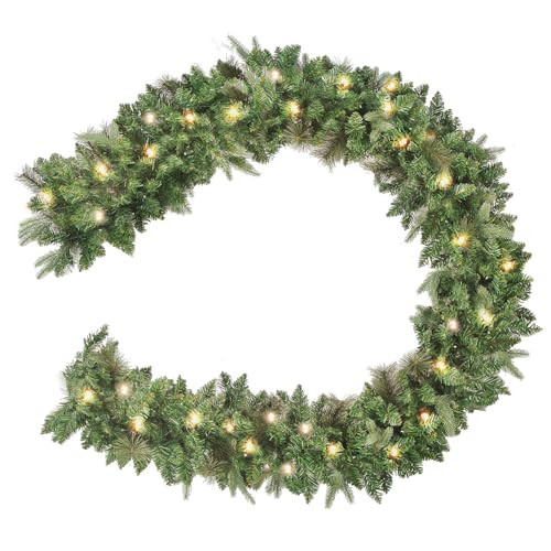 HiBean 9 FT Lighted Christmas Garland, Pre-lit Christmas Garland with 50 Warm Lights, Artificial Garland for Fireplace, Stairs Railing, Front Door, Indoor and Outdoor | Amazon (US)