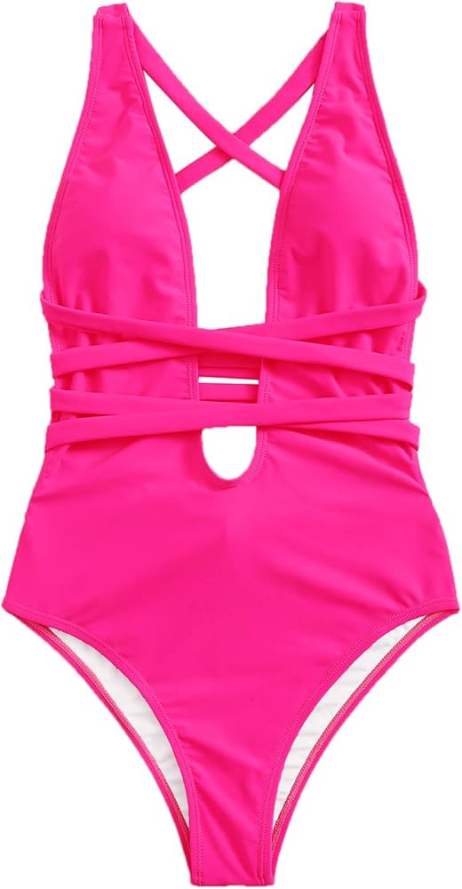 SweatyRocks Women's Sexy Basic Criss Cross Tie Knot One Piece Swimwear - Amazon Swimwear | Amazon (US)