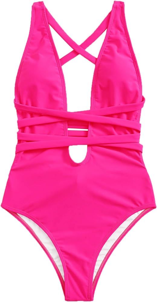 SweatyRocks Women's Sexy Basic Criss Cross Tie Knot One Piece Swimwear - Amazon Swimwear | Amazon (US)