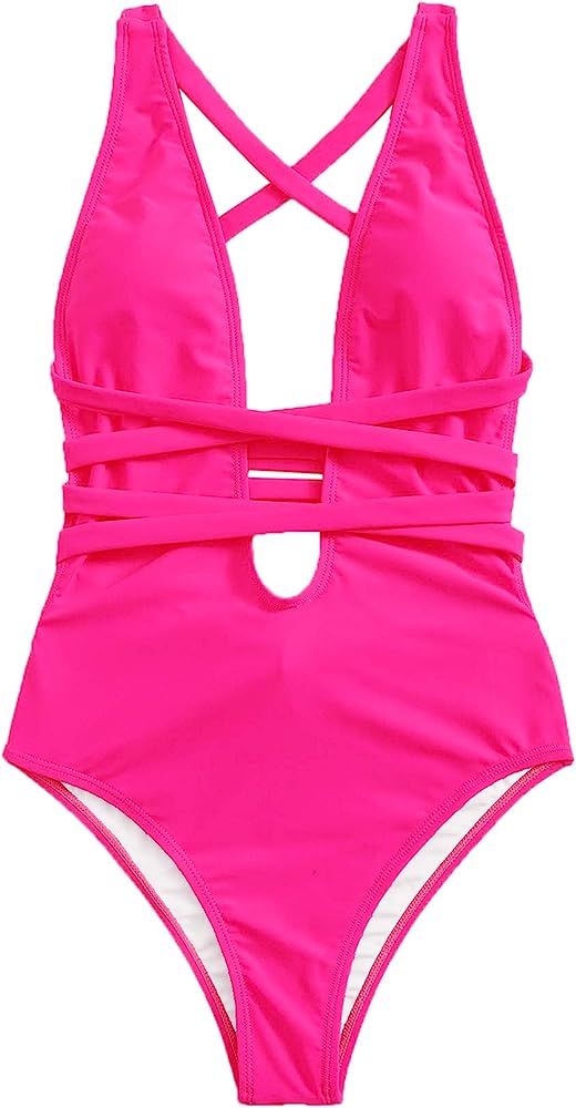 SweatyRocks Women's Sexy Basic Criss Cross Tie Knot One Piece Swimwear - Amazon Swimwear | Amazon (US)