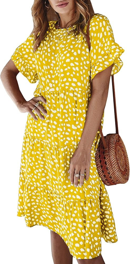 Women's Polka Dot Dress Ruffle Sleeves Boho Pleated Swing Blouse Dresses | Amazon (US)