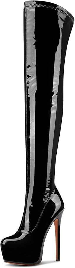 Aachcol Patent Leather Over The Knee Stiletto Boots Platform Thigh High Boots Round Toe Side Zipp... | Amazon (US)