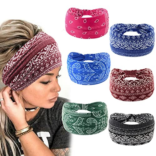 Yeshan Wide Bandana headbands for Women Boho Bandeau Headband Knot Hair Scarf Bands Stretch Floral Printed Non Slip Head bands Elastic Turban Head Wraps Thick African Headband,Pack of 6 | Amazon (US)