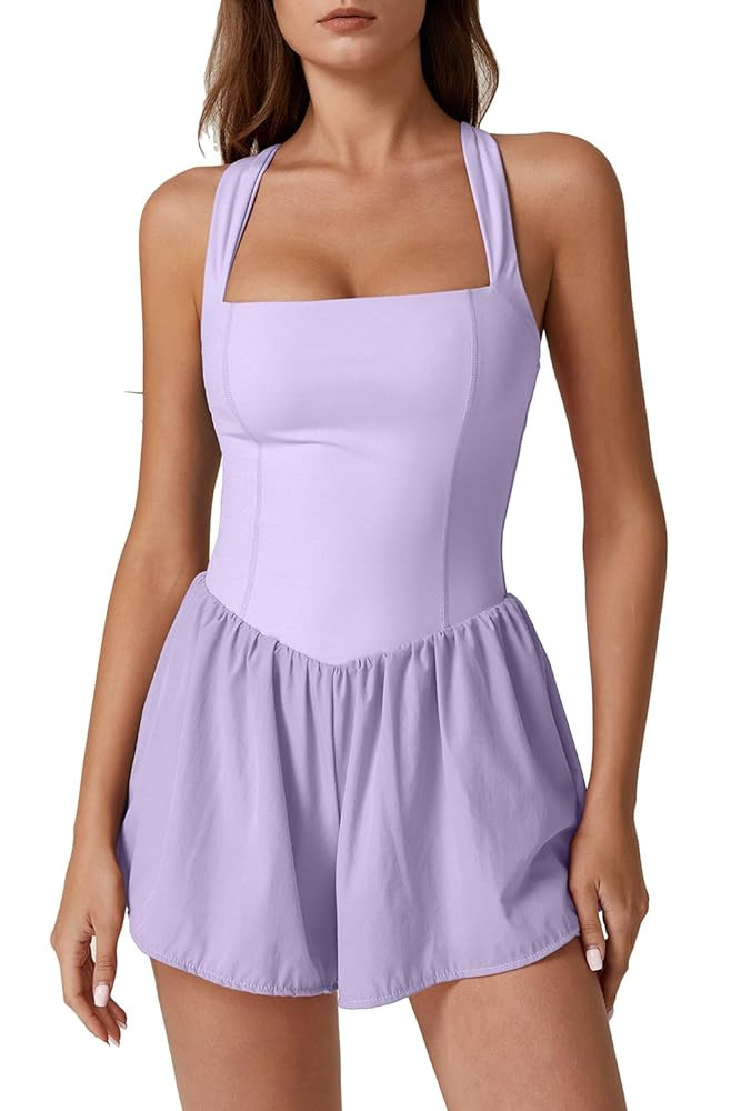 QINSEN Women's Square Neck Sleeveless Romper Jumpsuit Casual Summer One Piece Outfit with Pocket | Amazon (US)