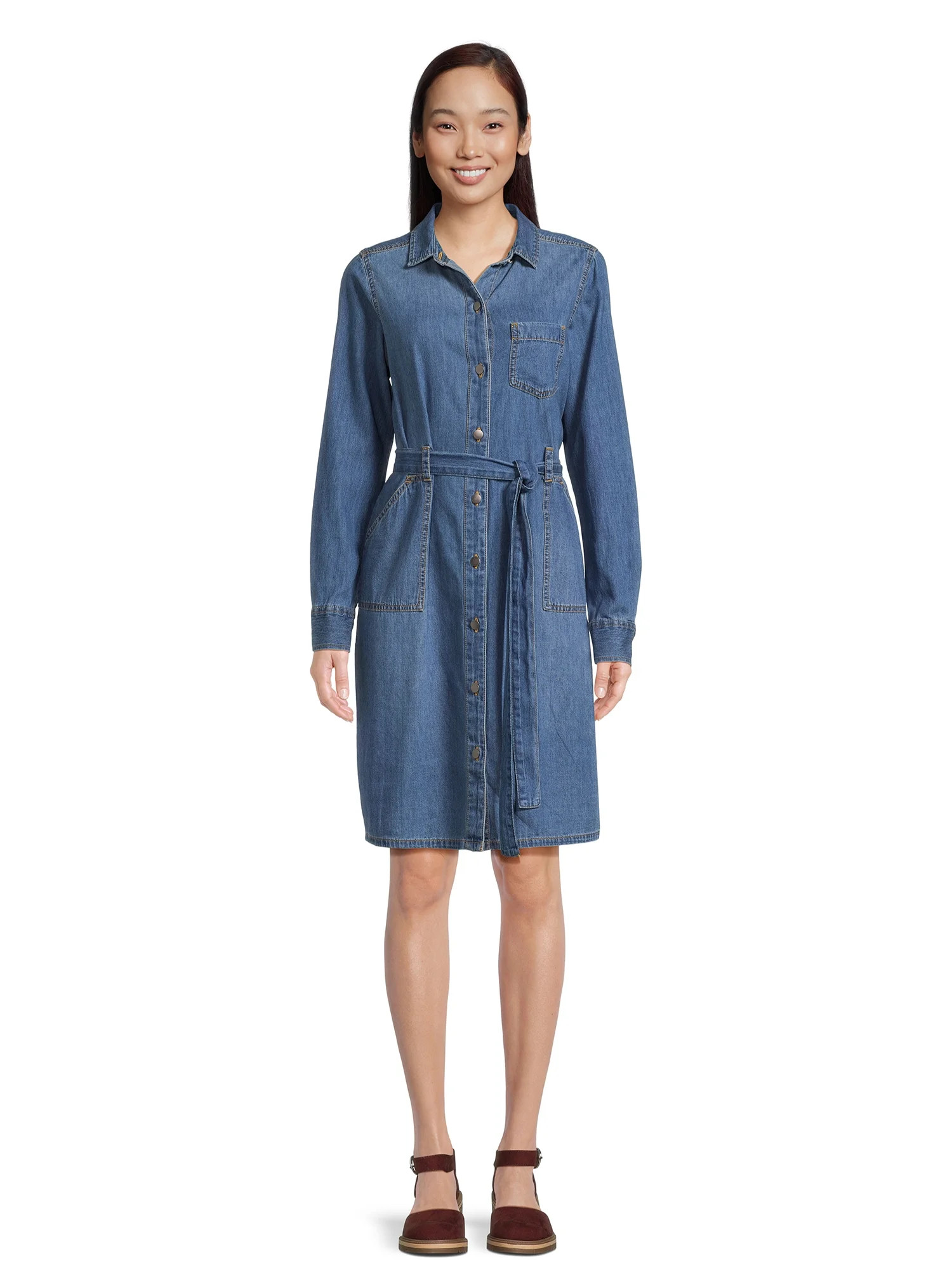 Time and Tru Women's Belted Utility Dress with Long Sleeves | Walmart (US)