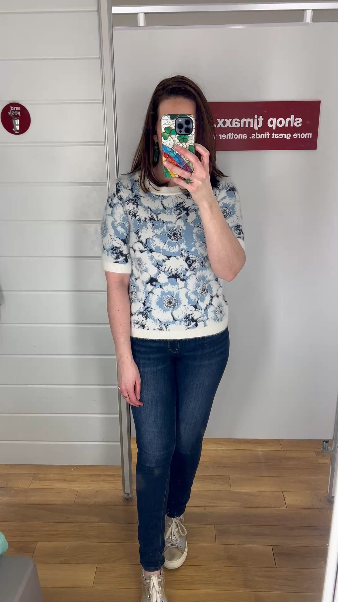 Blue floral fuzzy short sleeve sweater (xs). Dark wash mid rise skinny jeans (4). Gold and silver sneakers (8.5). #sweater #fuzzysweater #floralsweater #shortsleevesweater #skinnyjeans #midrisejeans #darkwashjeans #sneakers #goldsneakers 
spring outfits 2026 

#LTKSeasonal #LTKSpringSale
