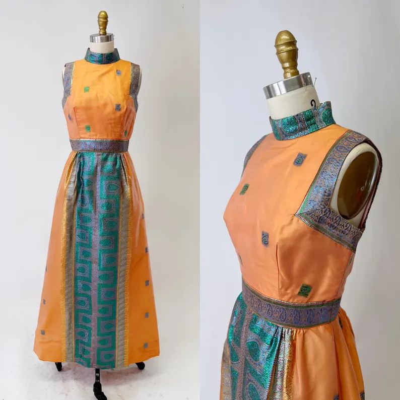 1970s Orange and Blue Lame Trimmed Maxi Dress | Etsy (Global)