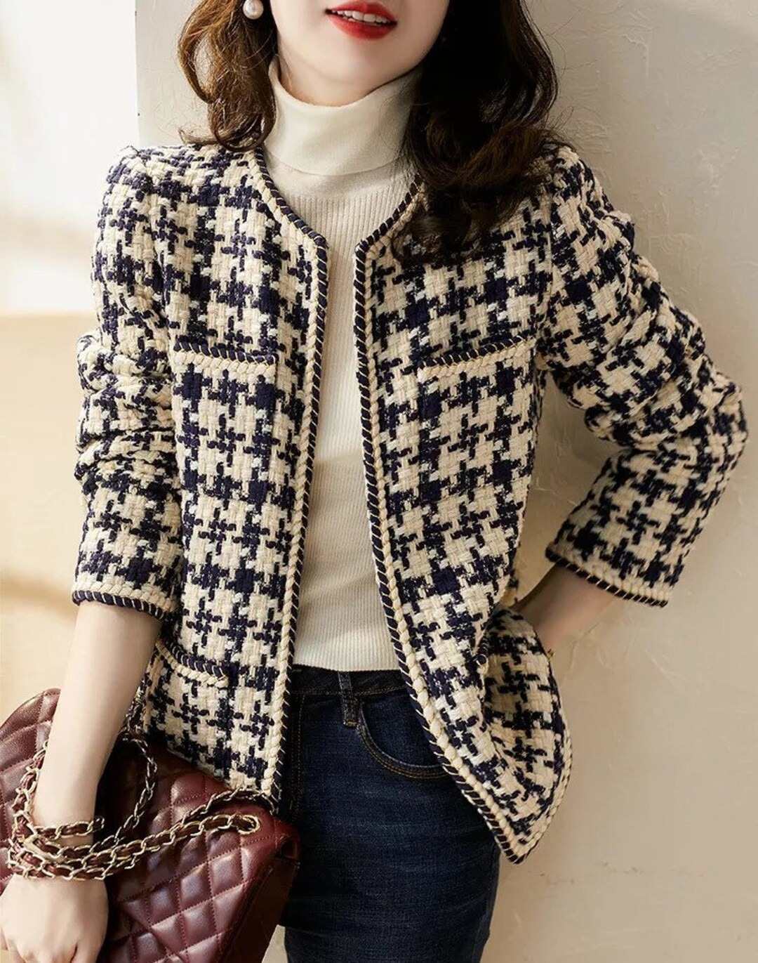 Houndstooth Swallow Gird Classical Elegant Women Tweed Jacket - Cream and Navy | Etsy (US)