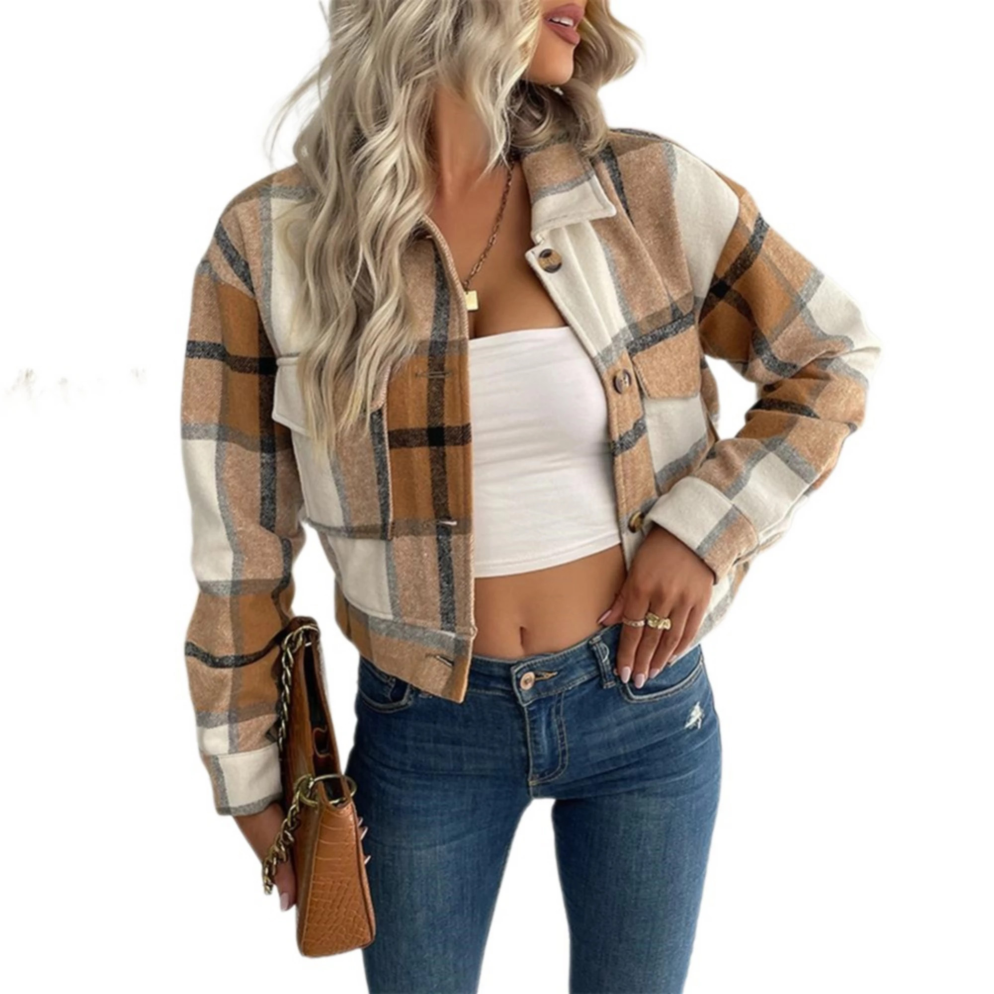 Womens Cropped Shacket Jackets Plaid Button Down Shirt Long Sleeve Flannel Coat with Pocketes | Kohl's
