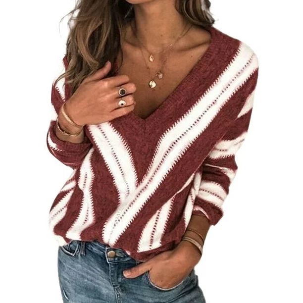 Diconna Women V-Neck Long Sleeve Knit Pullover Tops Striped Sweaters Wine Red XL - Walmart.com | Walmart (US)