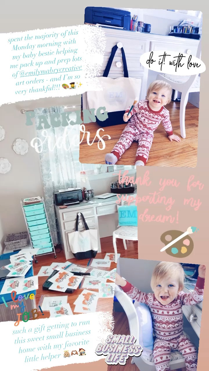 spent the majority of this Monday morning with my baby bestie helping me pack up and prep lots of @emilymabrycreative art orders - and I’m so very thankful!!! 🎨👩‍🎨 such a gift getting to run this sweet small business home with my favorite little helper 👼🏼🫶🏽🏠

#LTKfamily #LTKhome #LTKbaby