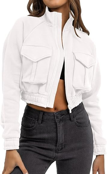 Fisoew Womens Cropped Jackets Casual Zip Up Long Sleeve Stand Collar Coat Outwear with Pockets | Amazon (US)