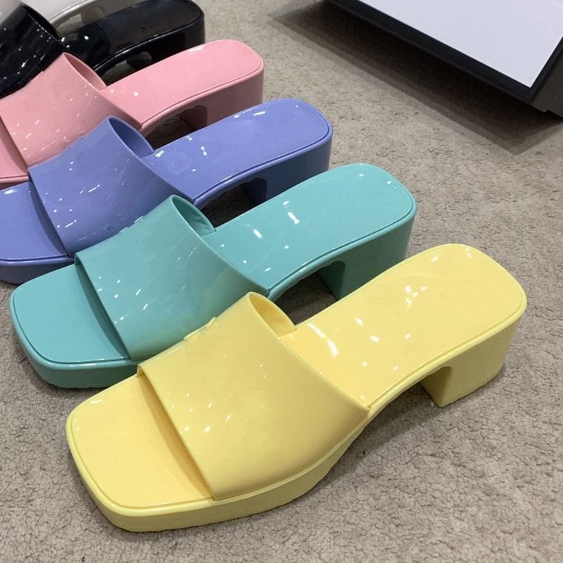 Ladies Rubber Slippers Thick Heel Square Toe Slippers High Heeled Jelly Womens Heel Height 5.5cm ... | DHGate