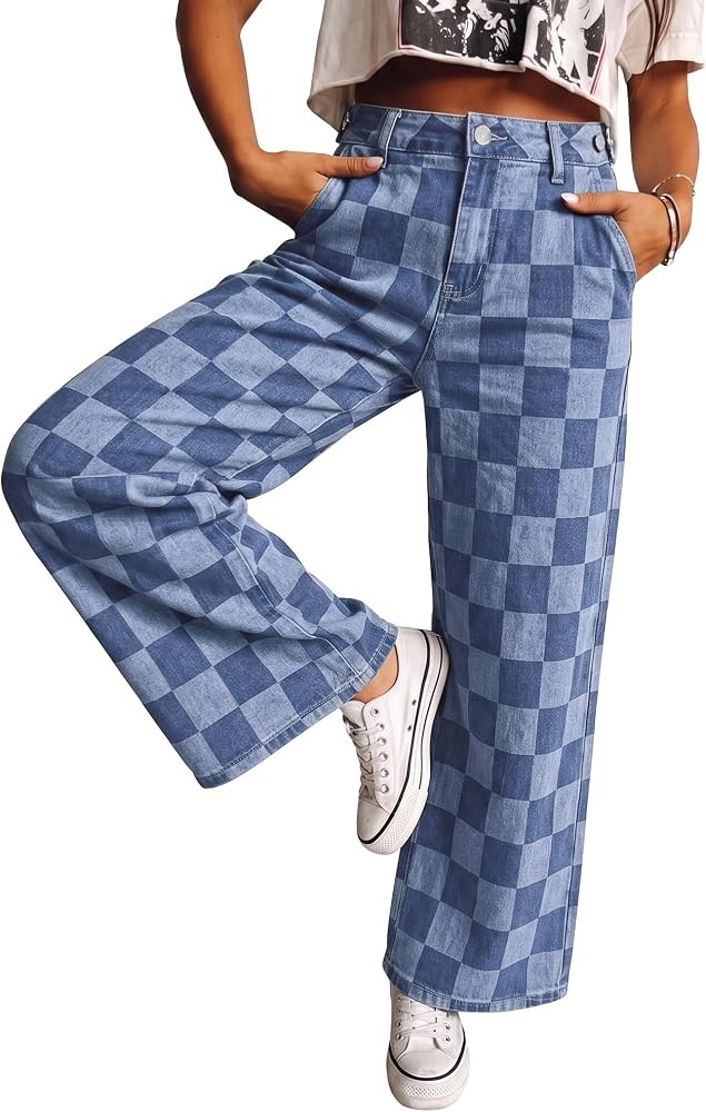 luvamia Checkered Pants Women High Rise Cinch-Waist Stretchy Wide Leg Jeans | Amazon (US)