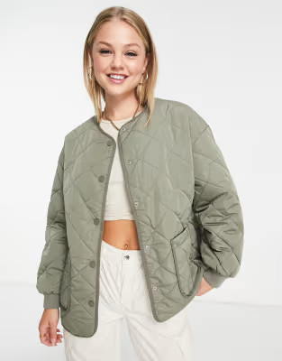 New Look quilted collarless jacket in light khaki | ASOS (Global)