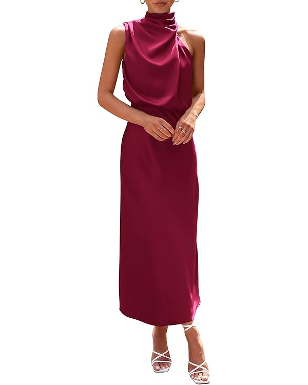 PRETTYGARDEN Women's 2024 Summer Satin Dress Elegant Sleeveless Mock Neck Cocktail Party Maxi Dre... | Amazon (US)