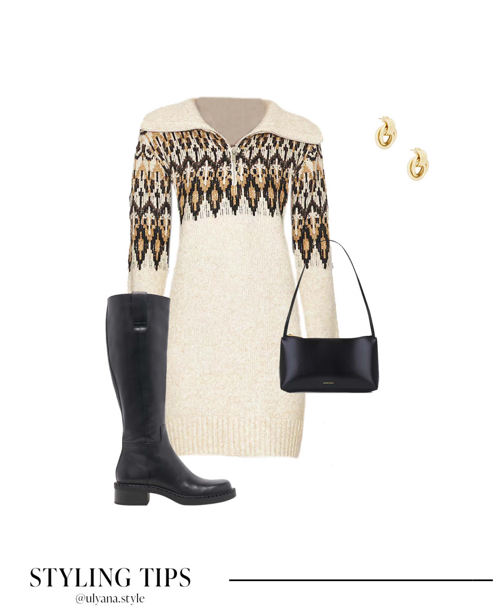 Stay cozy and chic on your next cabin getaway with this fair isle sweater dress! Paired with black knee-high boots and high socks for warmth and style. Add a black shoulder bag and knot earrings to complete the look. Perfect for fireside dinners or a casual coffee run.
.
.
.
.
.
Winter outfits | winter boots | sweater dress outfit | sweater dress and boots | cream sweater dress | mini sweater dress | winter sweater dress | white sweater dress | boots outfit | flat boots | black boots outfit | riding boots outfit | tall boots | cabin outfits | winter shoes | outfit inspo 

#LTKSeasonal #LTKU #LTKSaleAlert #LTKGiftGuide #LTKWorkwear #LTKTravel #LTKShoeCrush #LTKItBag 

 

#LTKFindsUnder50 #LTKFindsUnder100 #LTKStyleTip