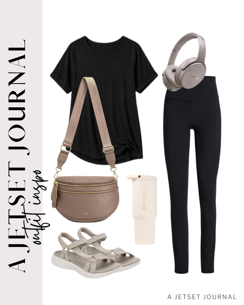 You can also pair a black rosemia crewneck tee with black leggings for a slimming effect. It’s easier to style with a Kattee crossbody bag and Skechers sports sandals. Finish the look with a HydroJug water bottle and Bose headphones.

#LTKSeasonal #LTKSaleAlert #LTKTravel
 

 